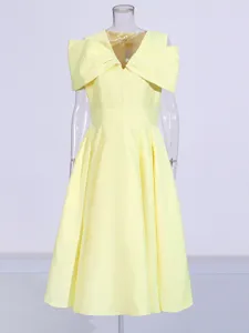 Elegant yellow midi dress with bow V-neck waist-cinching design for women summer wear.