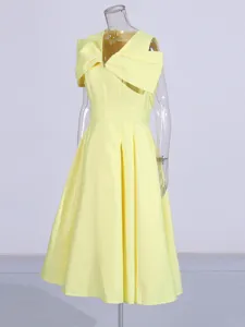 Elegant yellow midi dress with a V-neck, big bow shoulder, and stylish retro waist design.