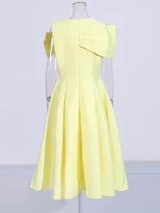 Elegant yellow retro court style midi dress for women, perfect for summer new fashion look.