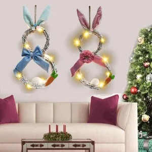 Corona de Pascua Conejo Blanco de Ratán Luminosa Guirnalda Colgante para Fiesta Primavera