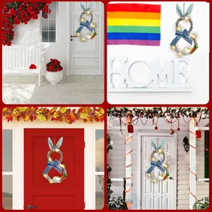 Corona de ratán luminosa de conejo de Pascua para decoración de puerta de fiesta