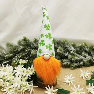 St. Patrick's Day gnome detail showing green clover print tall hat and bright orange beard.