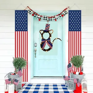 Independence Day lighted cat wreath with patriotic top hat and star-spangled banners for porch.