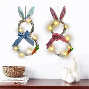 Decoración de Pascua Tela Ratán Corona de Conejo Con Luz LED Guirnalda Colgante de Puerta para Decoración de Fiesta de Hogar
