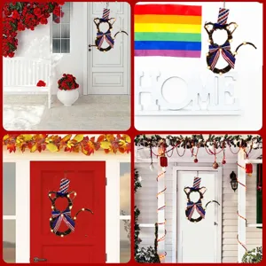 Patriotic cat shaped LED twig wreath with American flag hat for Independence Day decor.