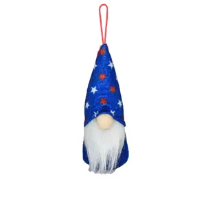 Independence Day gnome hanging ornament detail, patriotic star pattern plush faceless doll decor.