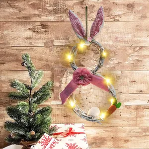 Guirnalda de conejito de pascua con luces LED, guirnalda de vid colgante con orejas de cuadros.