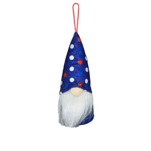 Independence day gnome hanging decor detail, blue polka dot hat with white plush beard.