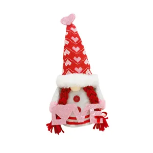Valentine's Day faceless gnome doll plush toy with red heart knit hat and cute pink LOVE sign.