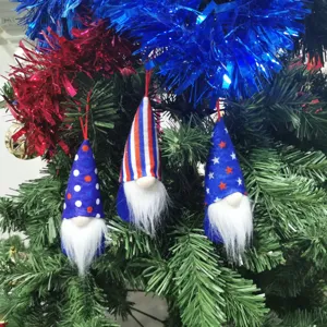 Patriotic gnome hanging ornaments set, red white and blue stars stripes decor for holiday home.