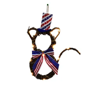 Independence Day lighted rattan wreath with patriotic top hat and bow, LED lights for decor.