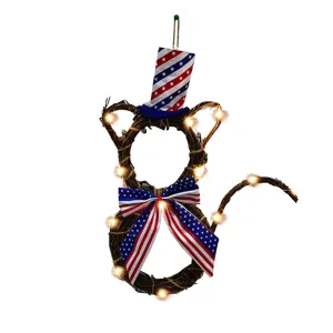 LED lighted cat shape vine wreath with American flag hat for Independence Day decor.