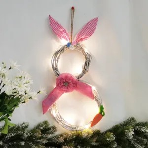 Corona de ratán de conejo de Pascua iluminada decoración de pared para el hogar fiesta