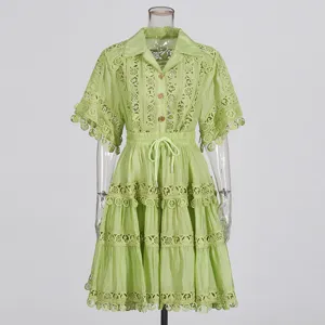 Light green lace embroidered lapel short sleeve tiered mini dress summer elegant style