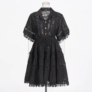 Retro romantic black lace lapel short sleeve shirt and tiered mini skirt set for summer