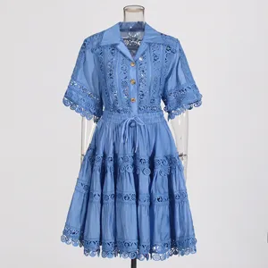Blue retro lace embroidered short shirt and tiered skirt two-piece set for summer.