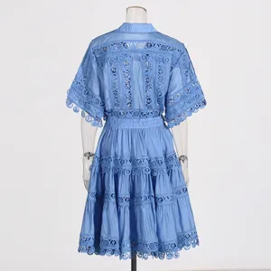 Retro romantic summer light blue embroidered lace short shirt and elegant skirt set for women.