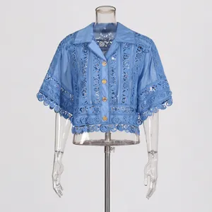 Blue lace embroidered short sleeve shirt detail, retro lapel design for summer women fashion.