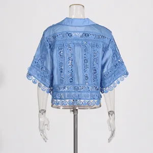 Blue lace embroidered short sleeve blouse for women summer casual chic button down shirt top