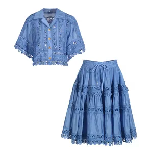 Blue retro lace embroidery short sleeve blouse and tiered midi skirt two-piece set summer.