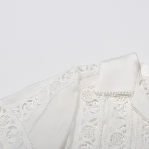 Close-up detail shot of white lace embroidered collar and sleeve, delicate hollow fabric texture.