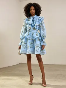 Women's Mori Style Retro Floral Long Sleeve A-Line Dress Polyester Blend Tie Neck Ruffle Short Dress For Daily Casual