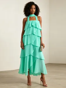 Robe Longue Maxi Sans Bretelles en Mousseline de Soie de Style Resort Élégant Français Femmes Été Sans Manches Volants Streamer