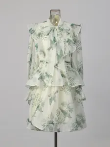 Women long sleeve dress retro floral print bow tie ruffle dress elegant casual a-line skirt