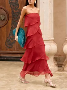 Robe longue bustier rouge en mousseline à étages style élégant français vacances été femme