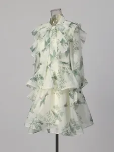 Light green bird print ruffle long sleeve dress retro forest style tie neck A-line short skirt