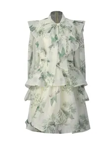 Light cyan sparrow floral ruffles a-line mini dress, summer forest retro long-sleeve dress.