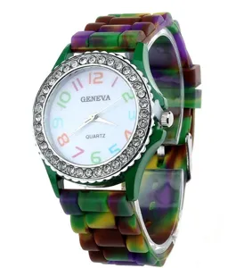 Geneva bunte Camouflage Silikon Uhr mit Strass Lünette und Quarzwerk für Damen