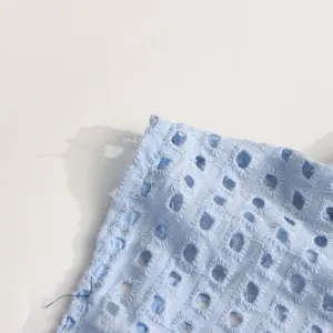 Gros plan du tissu brodé anglais bleu clair mettant en valeur la texture et les coutures.