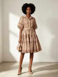 Womens Retro Sweet Lace Embroidered Short Sleeve Shirt And Tiered Skirt Set Elegant Casual Summer Outfit