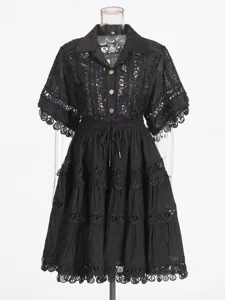 Retro black lace embroidery short sleeve shirt and tier skirt set for women summer fashion style.