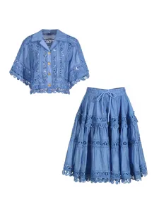 Retro blue lace short sleeve shirt and tiered midi skirt two piece set for women summer.