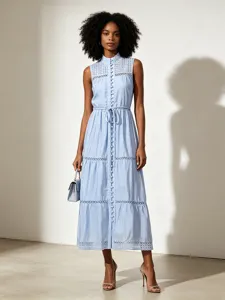 Robe Longue Femme Style Resort Couleur Unie Sans Manches Col Montant Ajouré Cordon de Serrage Mélange Coton Plage