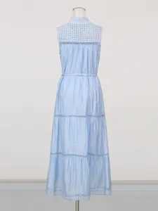 Été sans manches col montant design creux lien robe longue unie robe de plage