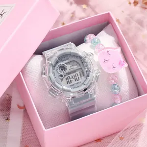 Ensemble de montre numérique transparente avec bracelet chat mignon pour filles et enfants