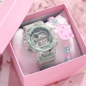 Montre numérique transparente avec bracelet chat mignon dans une boîte rose, style sportif.