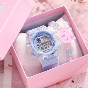 Montre numérique transparente et joli bracelet chat vue de détail dans coffret cadeau rose