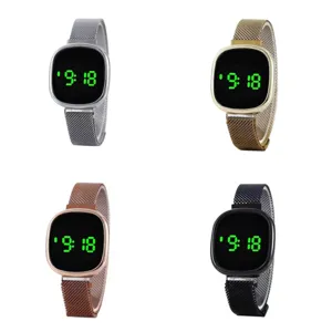 Detailed close-up view of LED digital electronic watches featuring stylish mesh straps.
