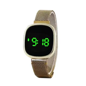 Gold mesh strap LED digital electronic watch with square touch screen for fashion daily wear.
