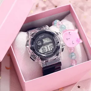 Montre numérique transparente pour femme et enfant avec bracelet chat rose et coffret.