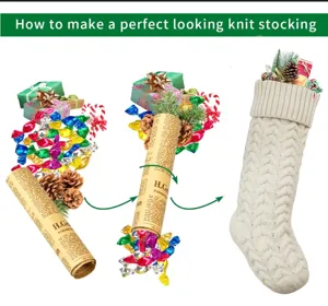 Knit Christmas stocking with wave pattern, festive holiday hanging decor gift bag.