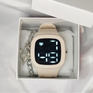 Fashion Square LED Digital Watch With Chain Bracelet Set Silicone Strap Luminous Sports Electronic Wristwatch Gift For Students Unisex
