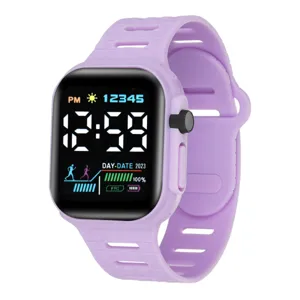 Purple silicone digital watch detail view showing clear LED screen display and strap texture.