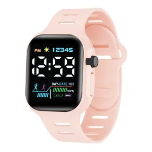 Pink silicone strap digital LED sports watch for students and kids with square dial view.