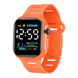Bright orange silicone strap LED digital sports watch for students, stylish casual wristwatch.