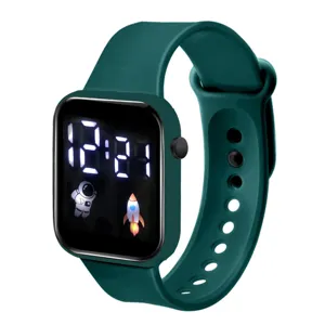 Green square digital watch for students with cute astronaut and rocket cartoon design sports.